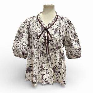 She + Sky Toile Print Puff Sleeve Blouse Peasant Top Size S New